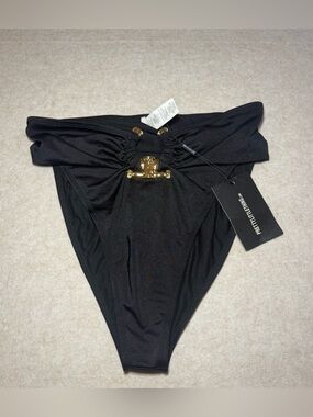 Pretty Little Thing Black Hammered Trim High Waist Bikini Bottom Size US 10 NWT